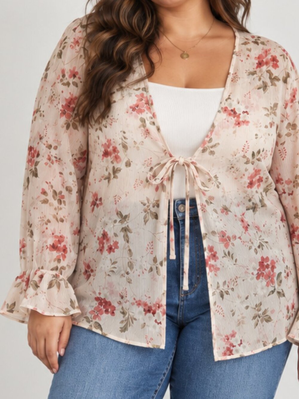 Studio C Plus 26W Cream Floral Sheer Tie Front Bell Sleeve Layering Top